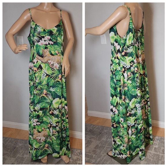 WHBM Jungle Leopard Green Tropical Sleeveless Maxi Dress Size 16 - Picture 10 of 16